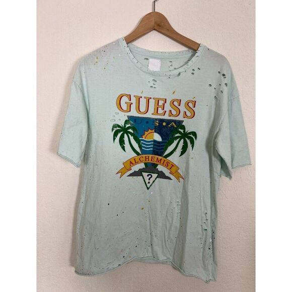 Alchemist Blue Guess Edition Logo T-Shirt Size XS Distressed Handmade In USA - Picture 1 of 11
